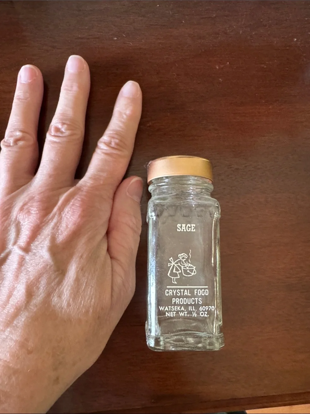 Vintage Glass Spice Jar Set with Copper Lids on Wooden Rack